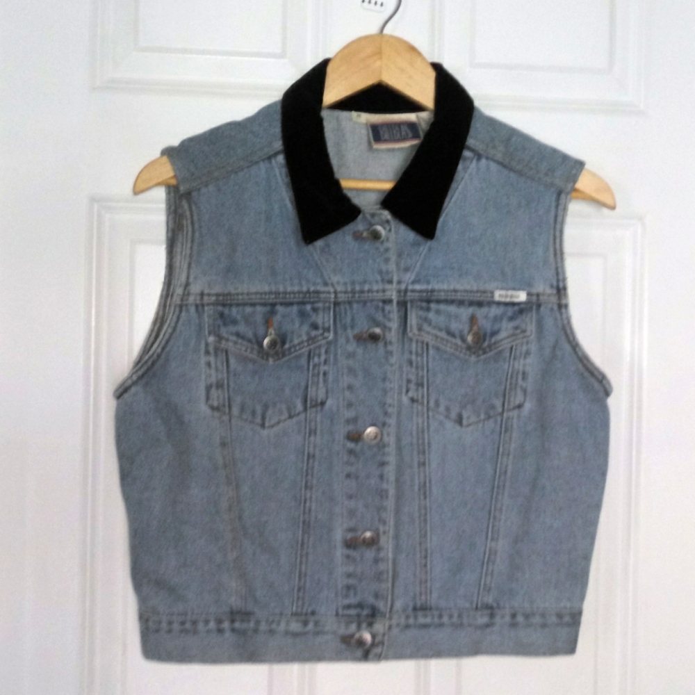 Bill Blass Vintage Y2K Denim Velvet Collar Vest Size M